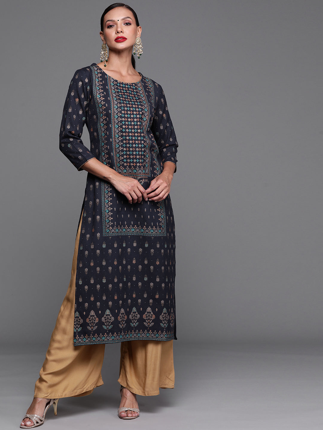 Women's Navy Blue Foil Printed Straight Kurtas  - Indo Era