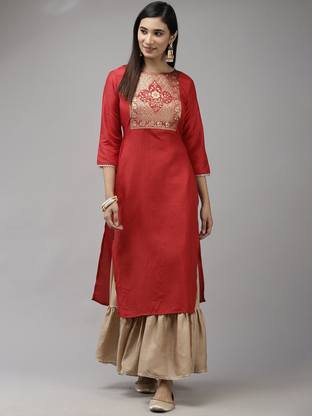 Women's Red Solid Straight Kurta - Indo Era