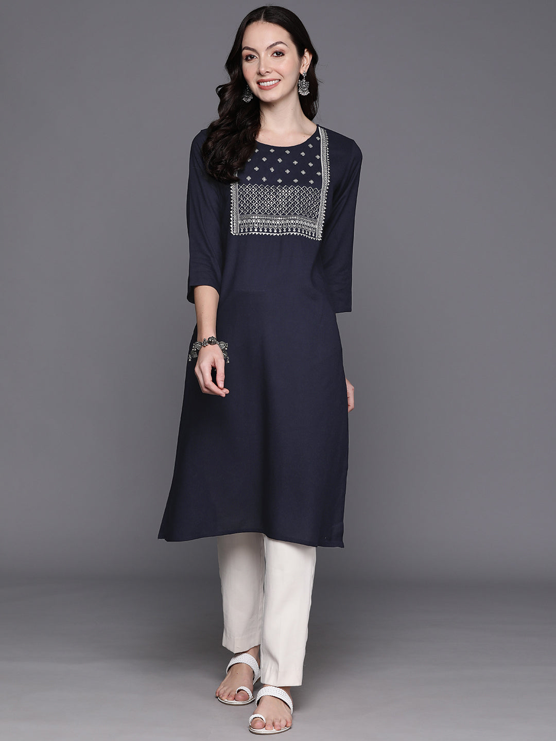 Women's Blue Embroidered Straight Kurtas  - Indo Era