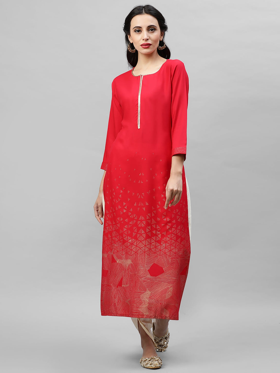 Women's Red Foil Printed Straight Kurtas - Indo Era