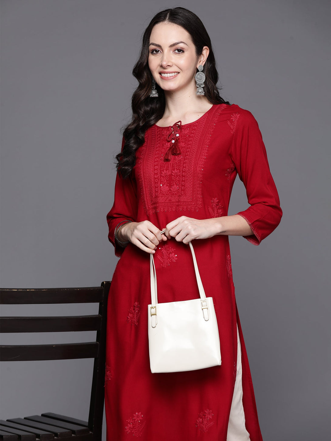 Women's Red Embroidered Straight Kurtas - Indo Era