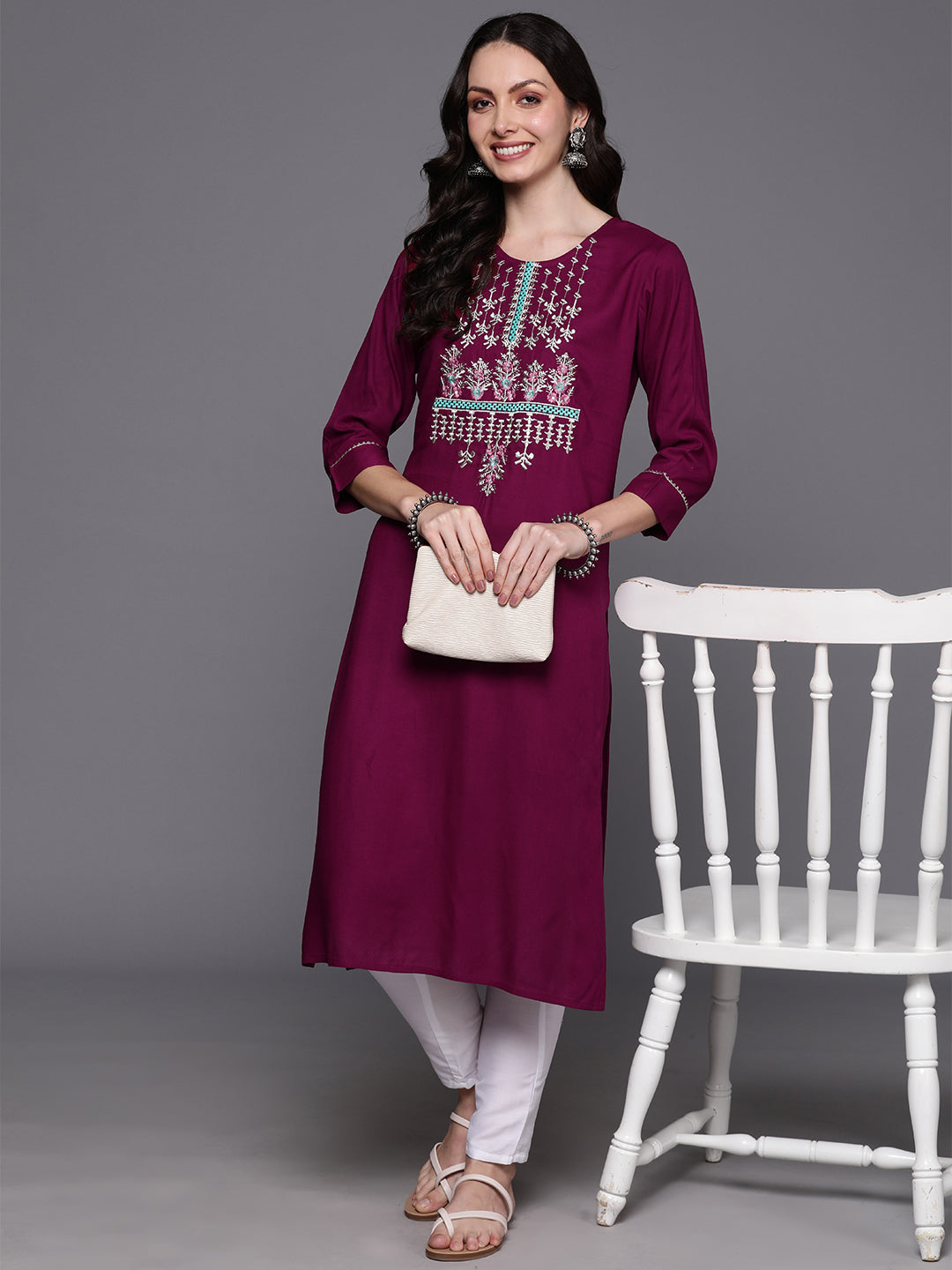 Women's Wine Embroidered Straight Kurtas - Indo Era