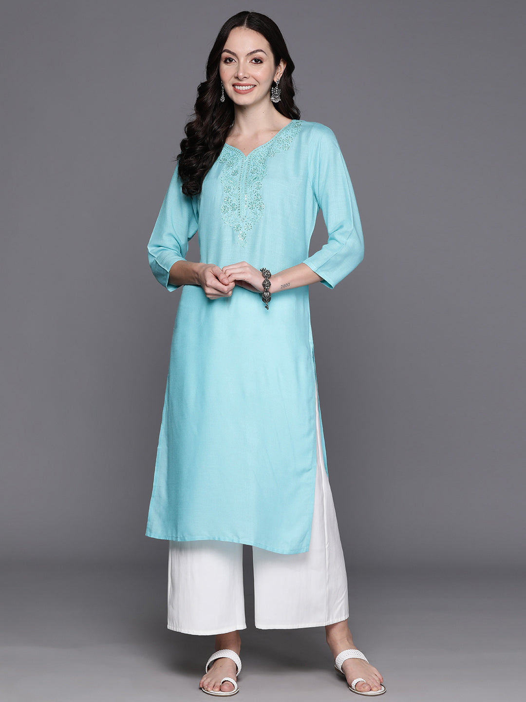 Women's Blue Embroidered Straight Kurtas  - Indo Era