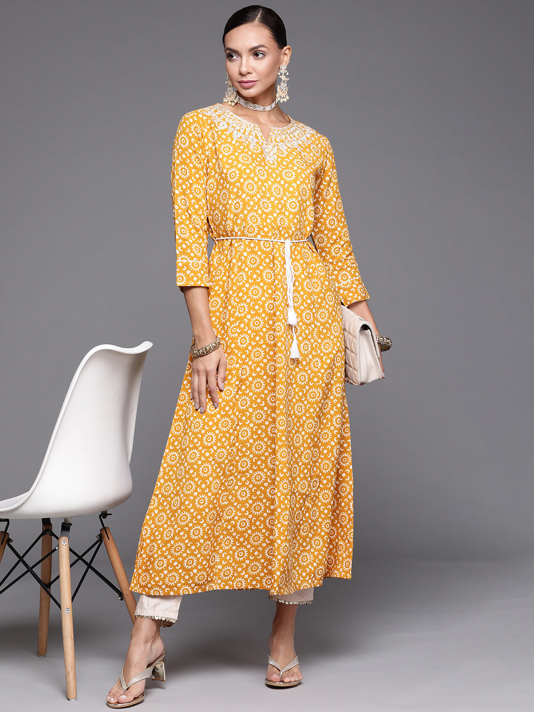 Women's Mustard Embroidered A-Line Kurta - Indo Era