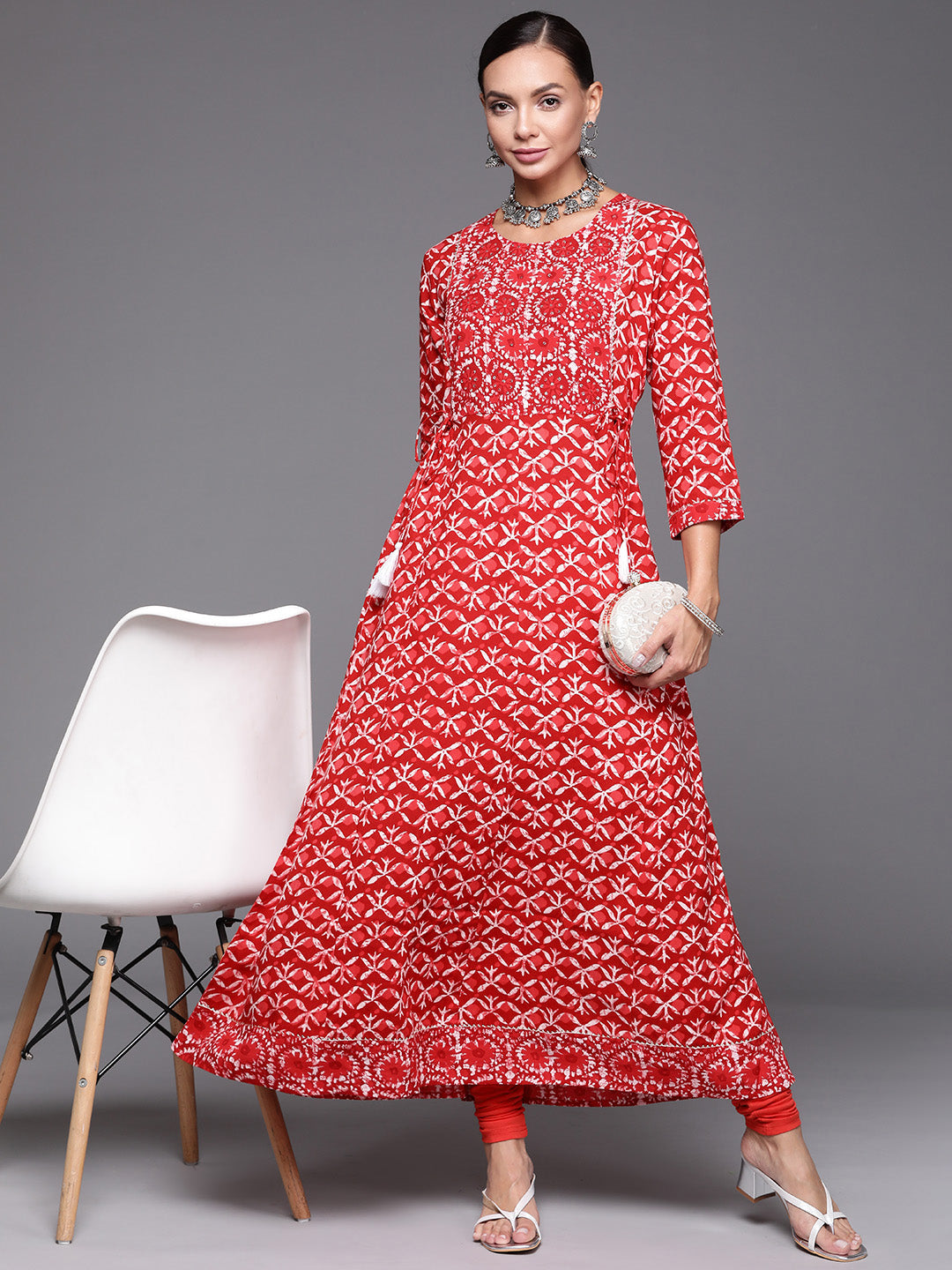 Women's Red Printed  A-Line Kurta - Indo Era