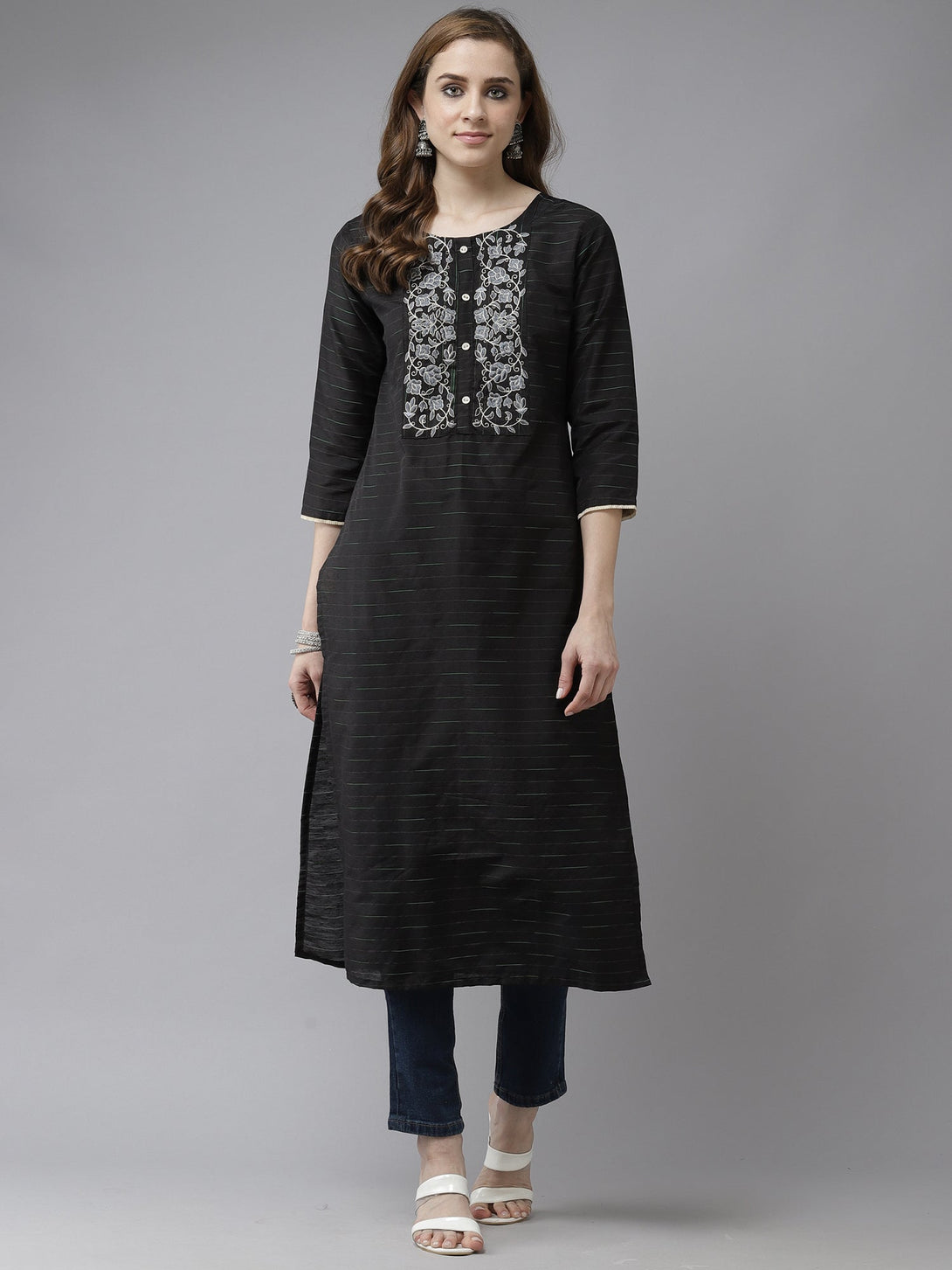 Women's Black Embroidered Yoke Straight Kurta - Indo Era