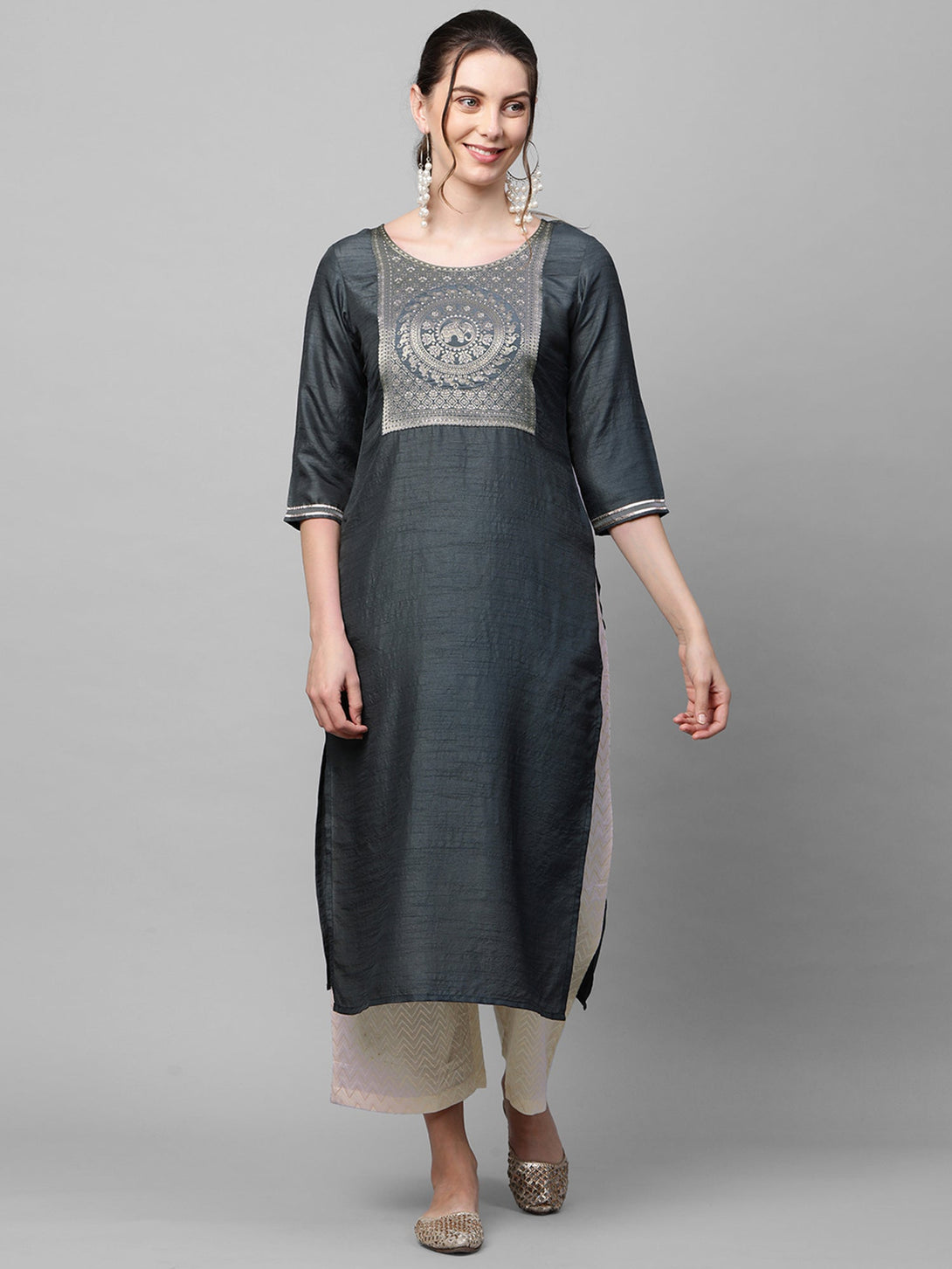 Women's Grey Solid Straight Kurta  - Indo Era