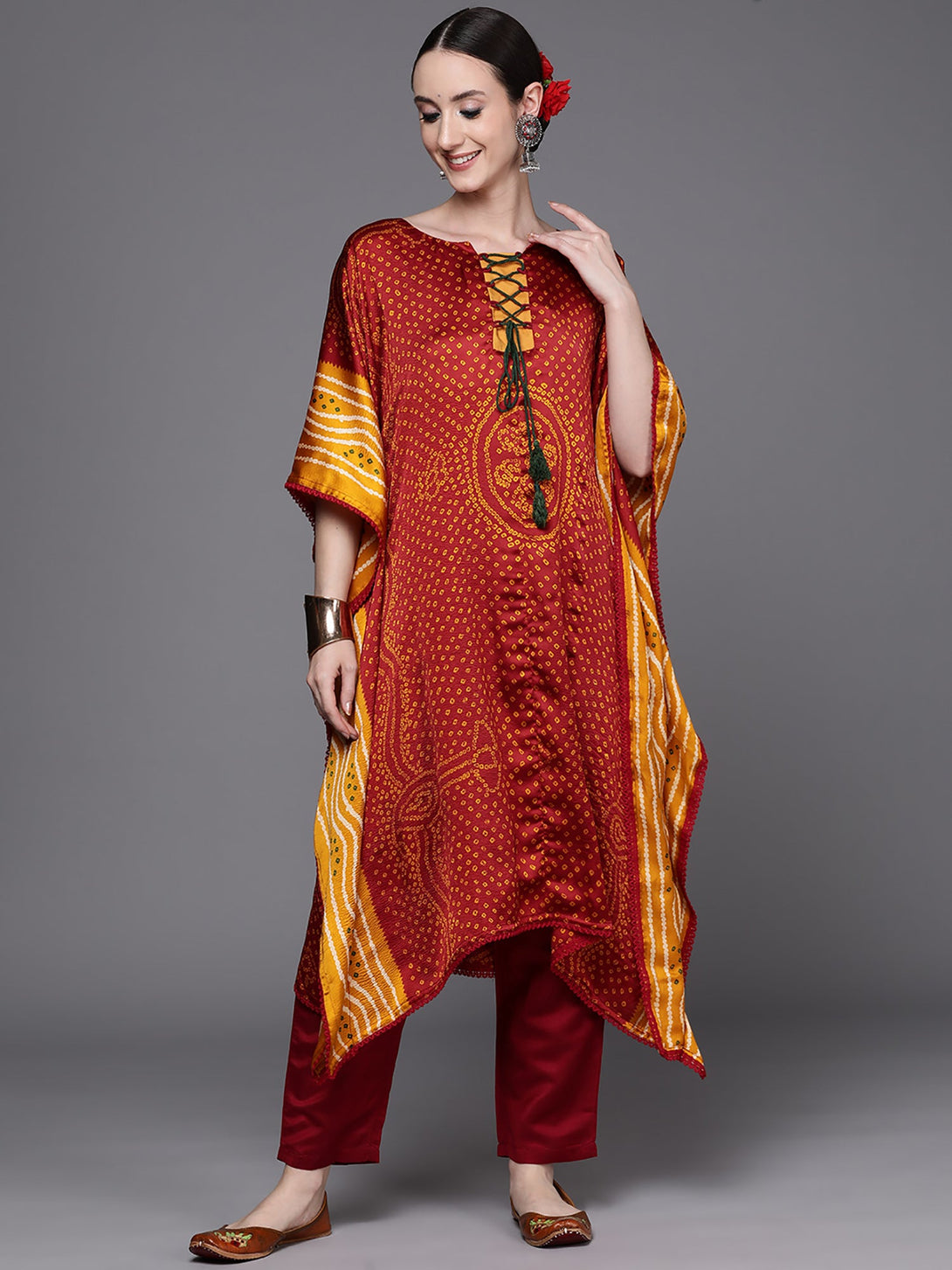 Women's Maroon A-Line Bandhani Print Kaftan - Indo Era