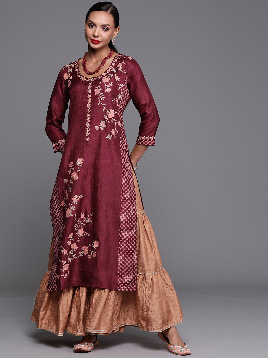 Women's Maroon Foil Printed Straight Kurtas  - Indo Era