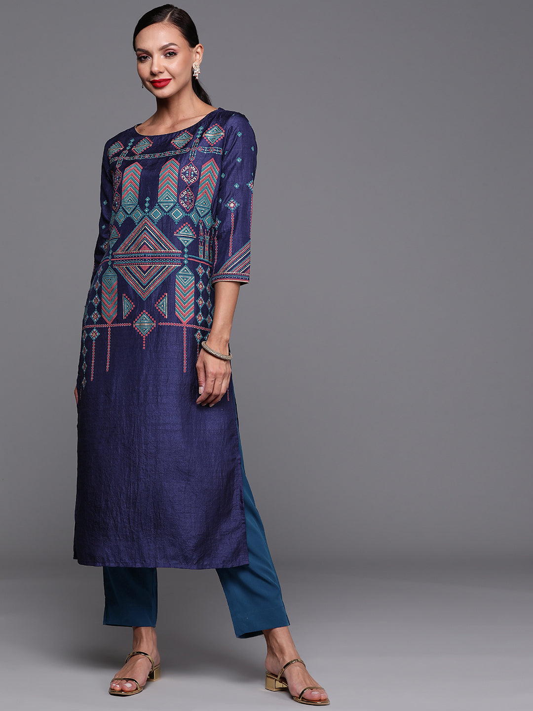 Women's Navy Blue Foil Printed Straight Kurtas  - Indo Era