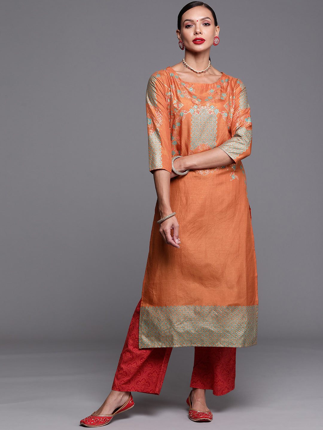 Women's Orange Foil Printed Straight Kurtas  - Indo Era