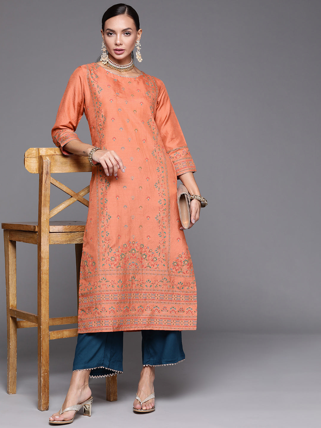 Women's Peach Foil Printed Straight Kurtas  - Indo Era