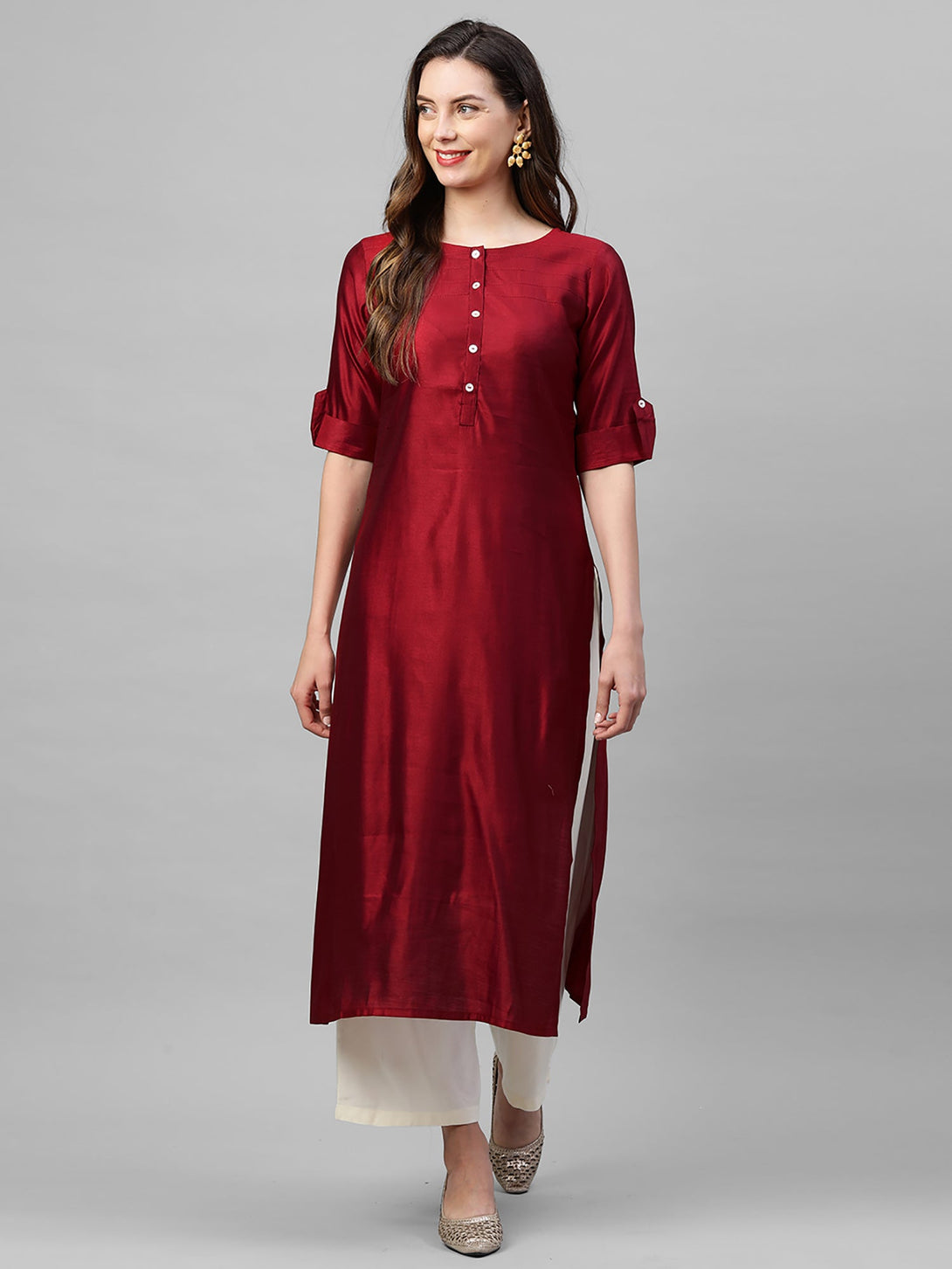 Women's Red Solid Straight Kurta  - Indo Era