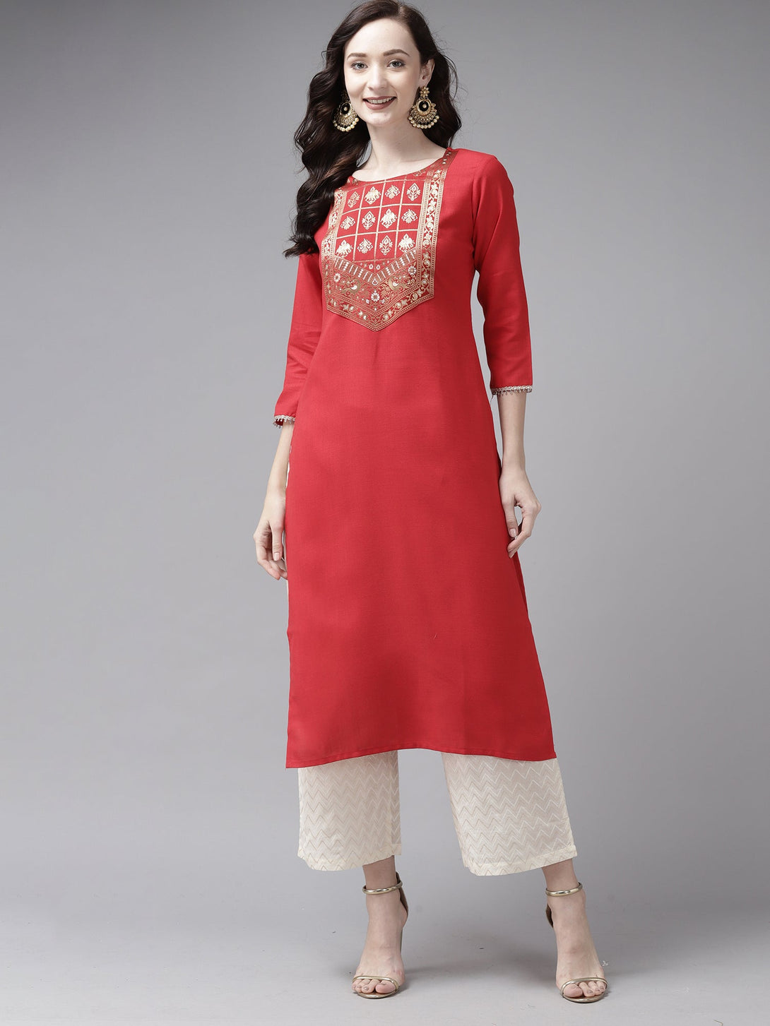 Women's Red Solid Straight Kurta  - Indo Era