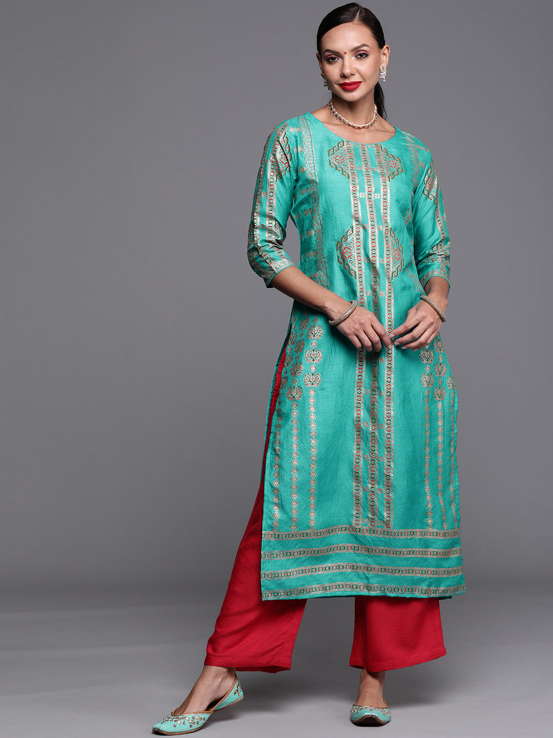 Women's Sea Green Foil Printed Straight Kurtas  - Indo Era