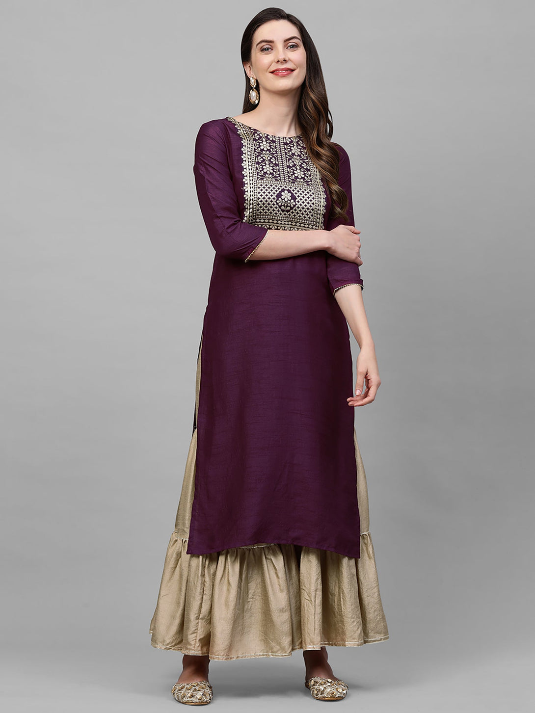 Women's Wine Solid Straight Kurta  - Indo Era