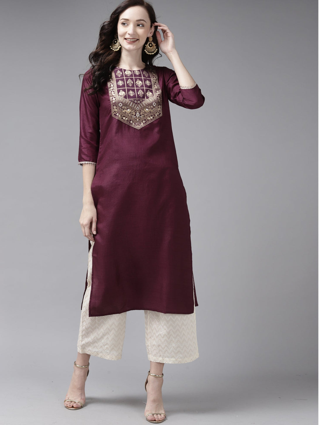 Women's Wine Solid Straight Kurta  - Indo Era