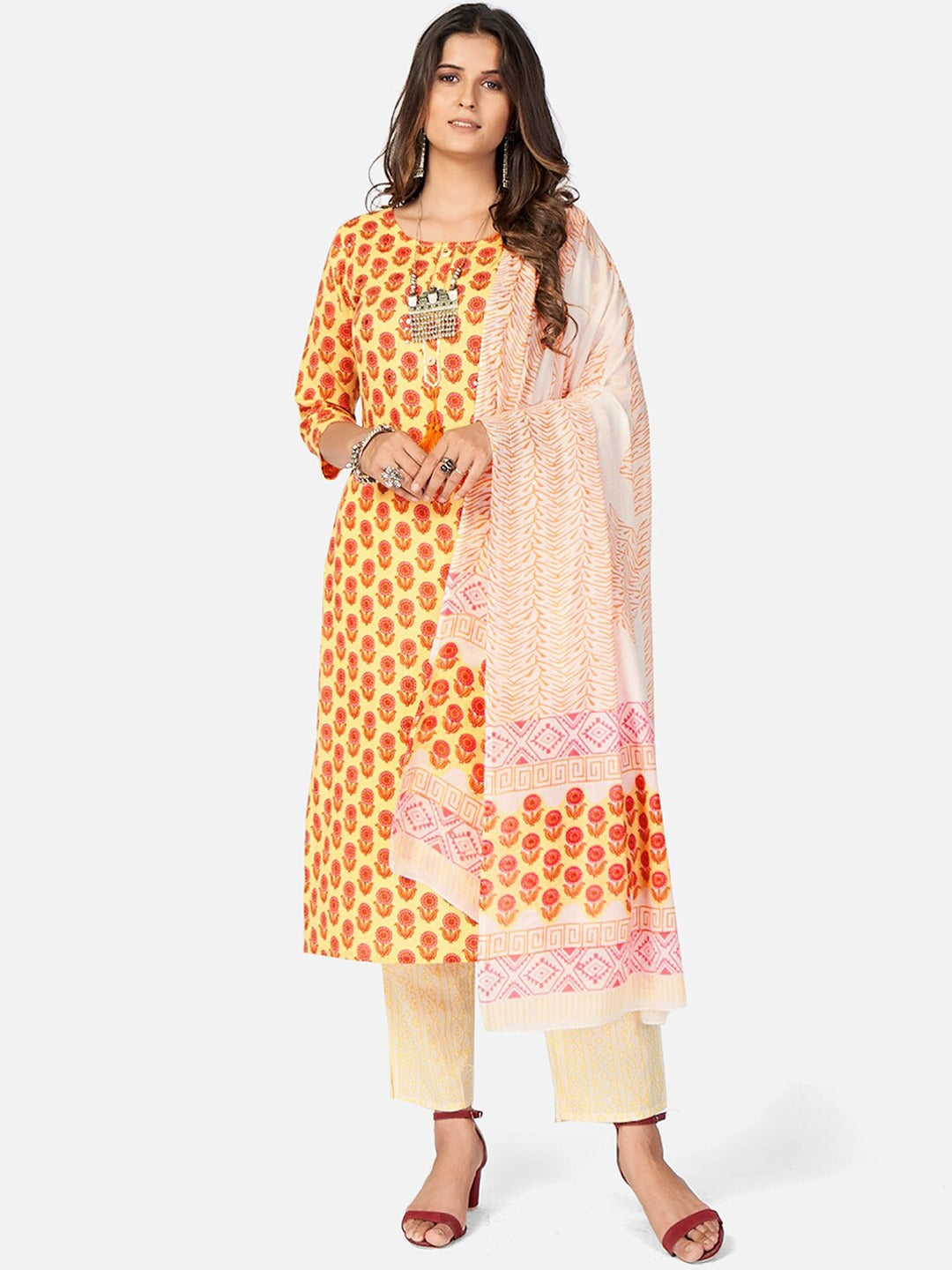 Women's Yellow Cotton Kurta With Pant & Dupatta By Vbuyz (3Pcs Set)