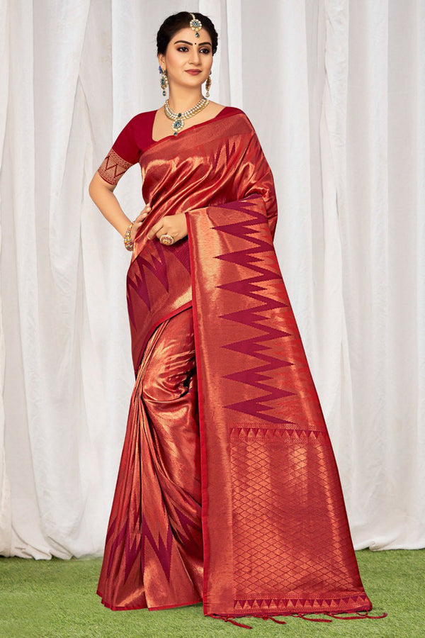 Women's Carmine Maroon Kanjivaram Saree - Karagiri