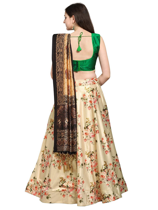 Women's Digital Print Shiney Satin Semistitched Lehenga Choli With Unstitched Blouse And Thred Work Dupatta - Kaizen Texo Fab