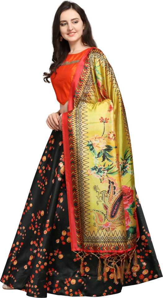 Women's Digital Print Shiney Satin Semistitched Lehenga Choli With Unstitched Blouse And Thred Work Dupatta - Kaizen Texo Fab