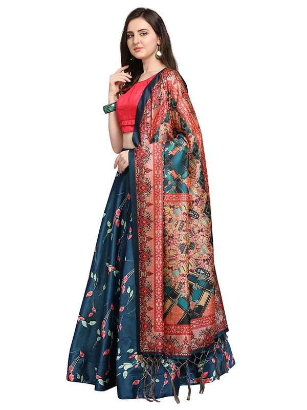 Women's Digital Print Shiney Satin Semistitched Lehenga Choli With Unstitched Blouse And Thred Work Dupatta - Kaizen Texo Fab