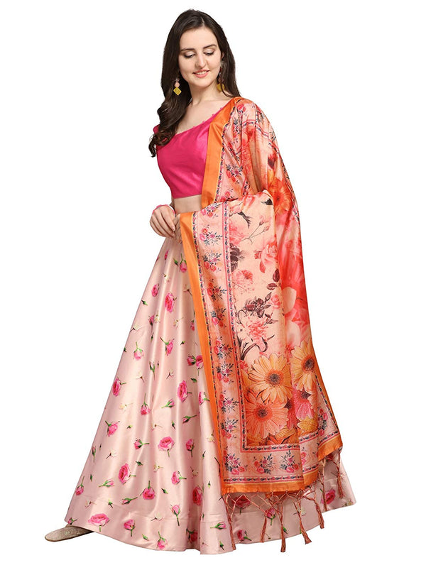 Women's Digital Print Shiney Satin Semistitched Lehenga Choli With Unstitched Blouse And Thred Work Dupatta - Kaizen Texo Fab