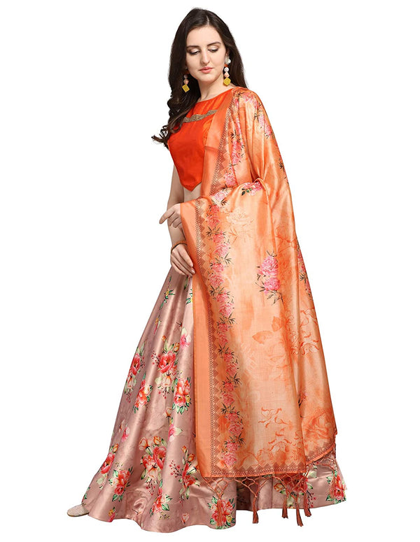 Women's Digital Print Shiney Satin Semistitched Lehenga Choli With Unstitched Blouse And Thred Work Dupatta - Kaizen Texo Fab