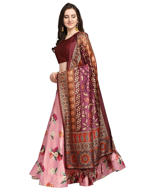 Women's Digital Print Shiney Satin Semistitched Lehenga Choli With Unstitched Blouse And Thred Work Dupatta - Kaizen Texo Fab