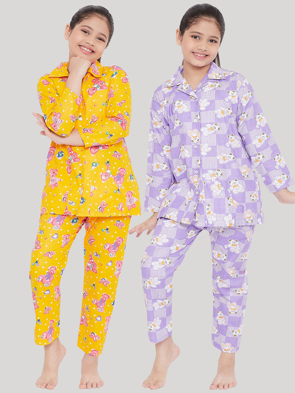 Girl's Mustard & Purple Printed Rayon Nightsuit (Pack of 2) - NOZ2TOZ KIDS