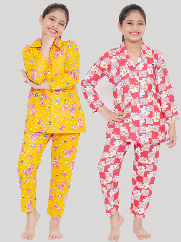 Girl's Mustard & Red Printed Rayon Nightsuit (Pack of 2) - NOZ2TOZ KIDS