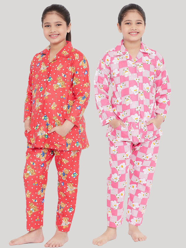 Girl's Peach & Pink Printed Rayon Nightsuit (Pack of 2) - NOZ2TOZ KIDS