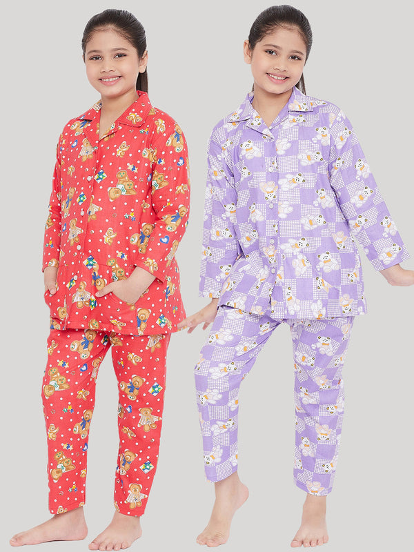 Girl's Peach & Purple Printed Rayon Nightsuit (Pack of 2) - NOZ2TOZ KIDS