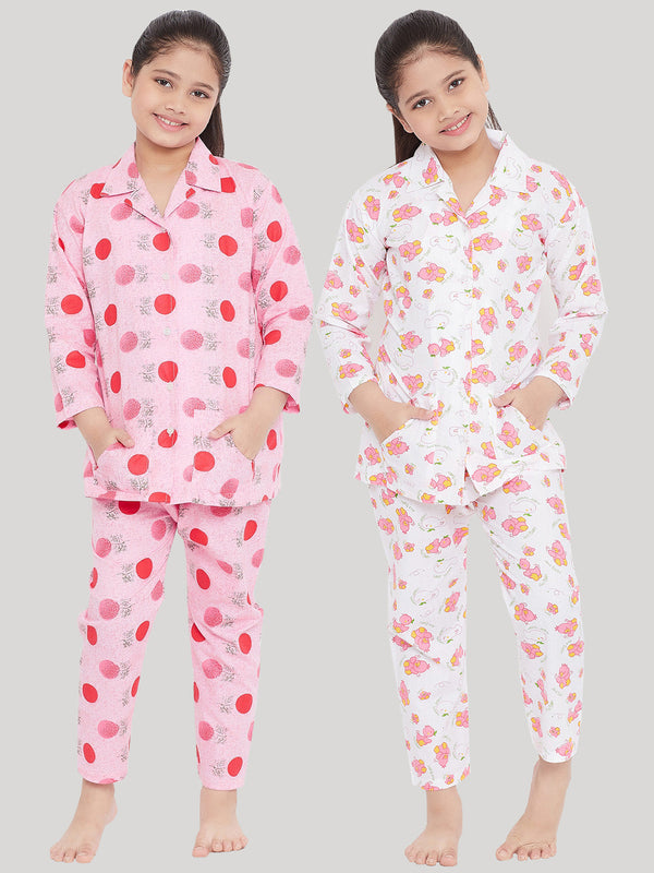 Girl's Pink & White Printed Rayon Nightsuit (Pack of 2) - NOZ2TOZ KIDS