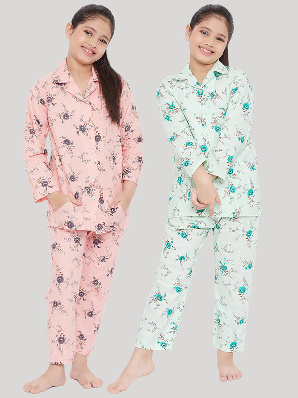 Girl's Peach & Green Printed Rayon Nightsuit (Pack of 2) - NOZ2TOZ KIDS