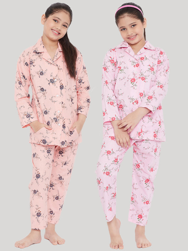 Girl's Peach & Pink Printed Rayon Nightsuit (Pack of 2) - NOZ2TOZ KIDS