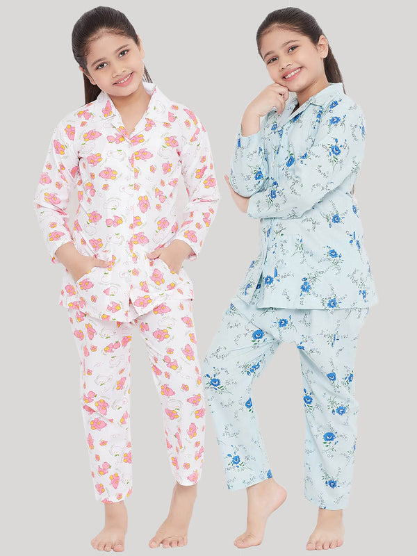 Girl's White & Blue Printed Rayon Nightsuit (Pack of 2) - NOZ2TOZ KIDS