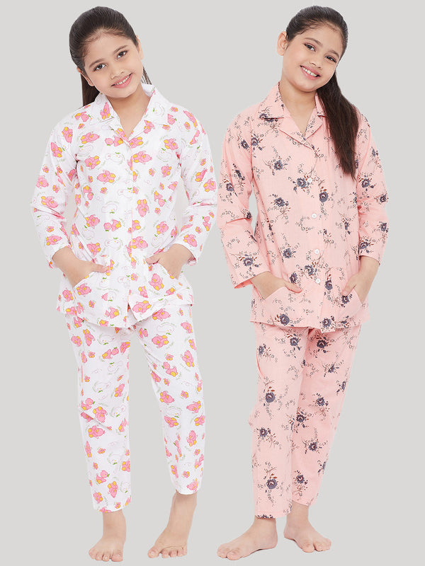 Girl's White & Peach Printed Rayon Nightsuit (Pack of 2) - NOZ2TOZ KIDS