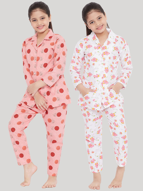 Girl's Peach & White Printed Rayon Nightsuit (Pack of 2) - NOZ2TOZ KIDS