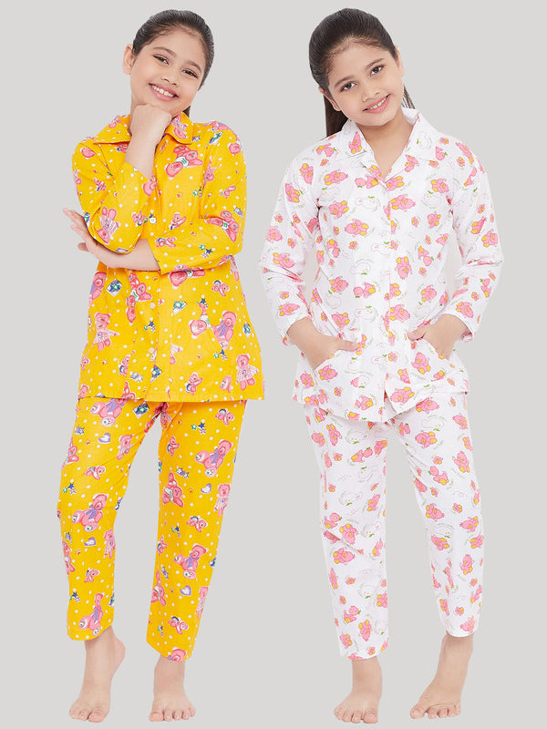 Girl's Mustard & White Printed Rayon Nightsuit (Pack of 2) - NOZ2TOZ KIDS