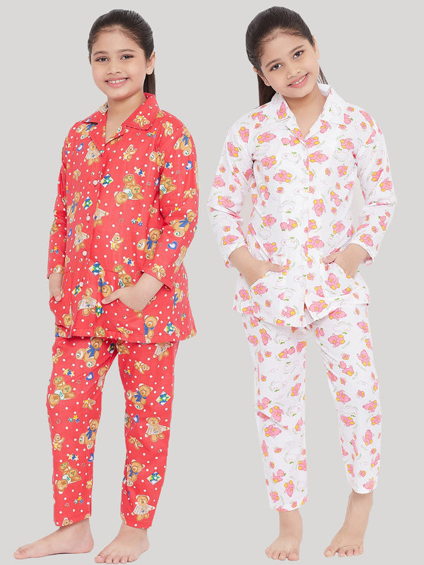 Girl's Peach & White Printed Rayon Nightsuit (Pack of 2) - NOZ2TOZ KIDS