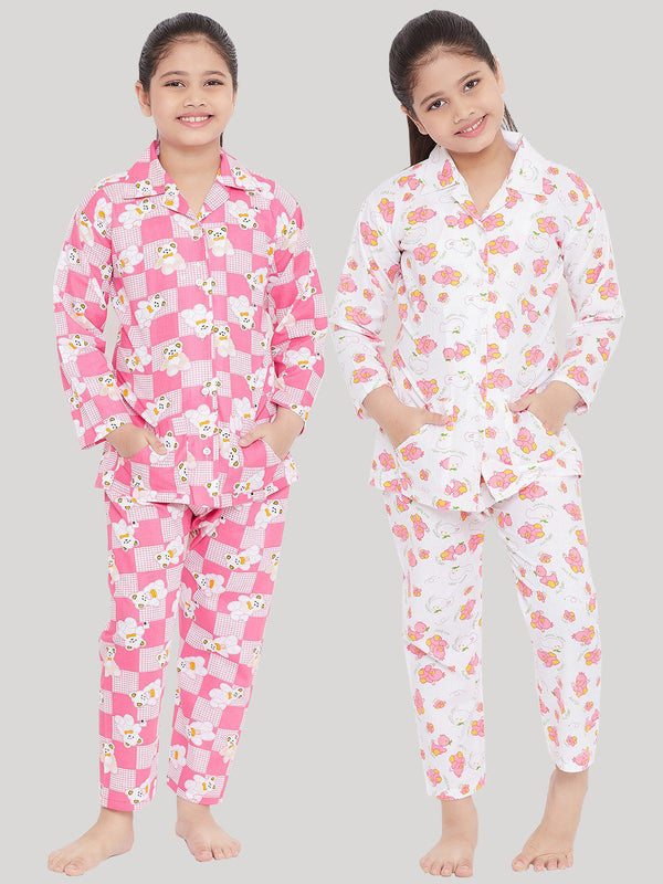 Girl's Pink & White Printed Rayon Nightsuit (Pack of 2) - NOZ2TOZ KIDS