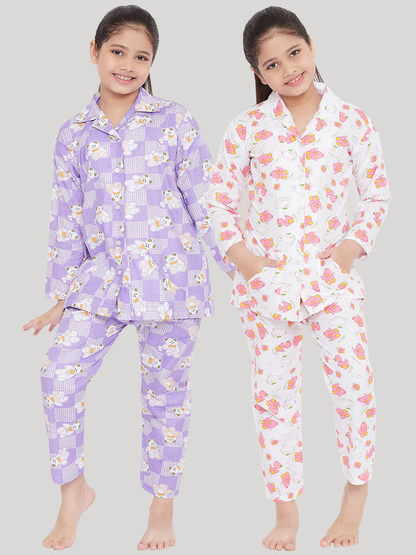 Girl's Purple & White Printed Rayon Nightsuit (Pack of 2) - NOZ2TOZ KIDS