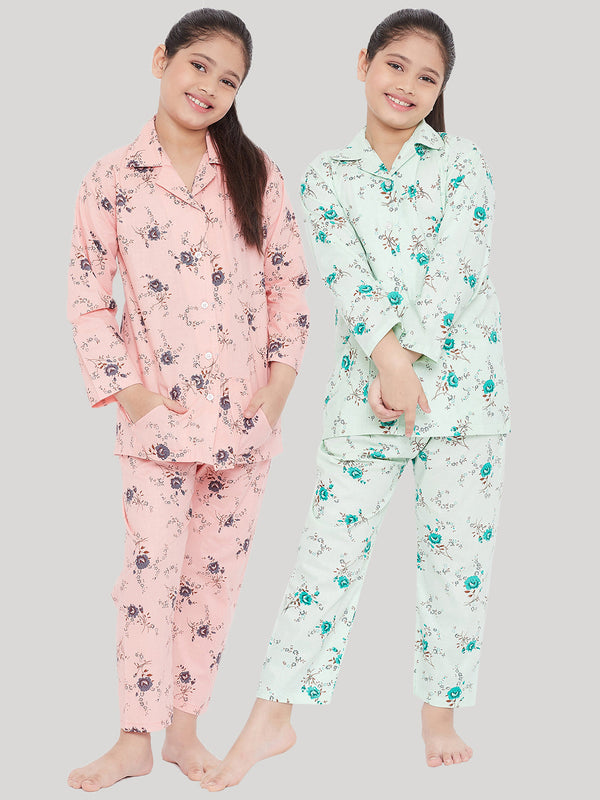 Girl's Peach & Green Printed Rayon Nightsuit (Pack of 2) - NOZ2TOZ KIDS