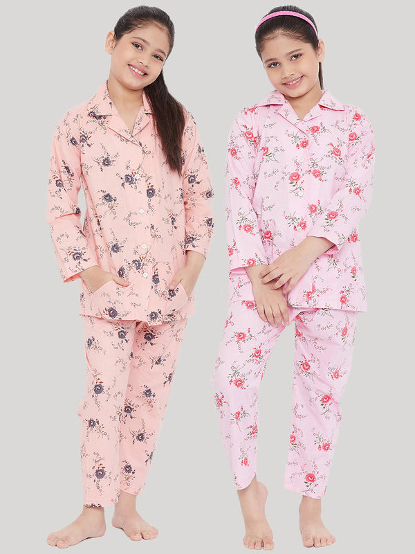 Girl's Peach & Pink Printed Rayon Nightsuit (Pack of 2) - NOZ2TOZ KIDS