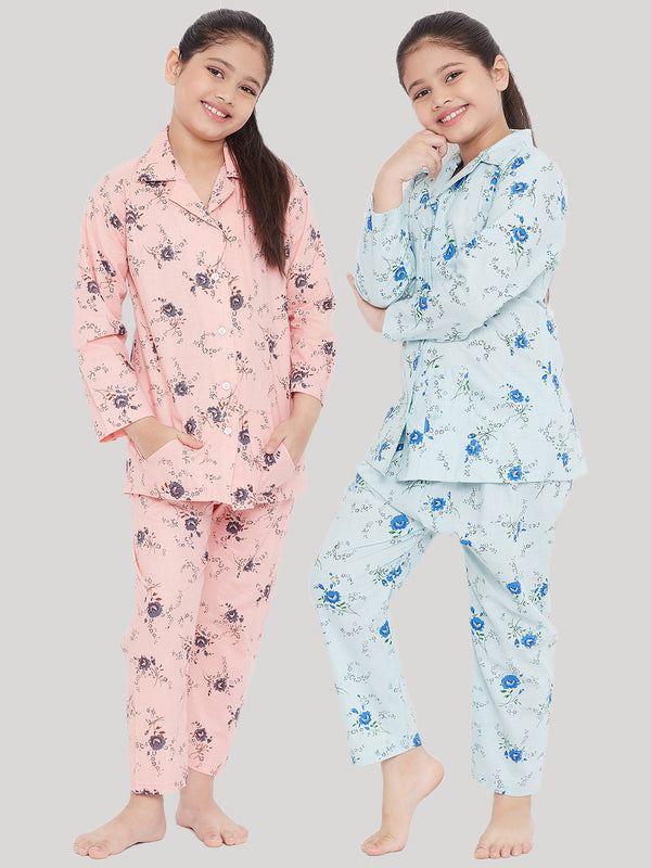 Girl's Peach & Blue Printed Rayon Nightsuit (Pack of 2) - NOZ2TOZ KIDS