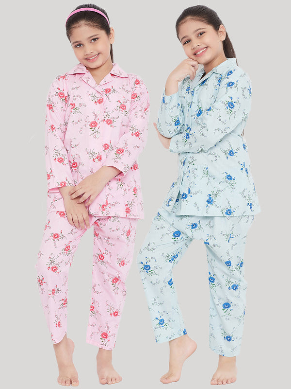 Girl's Pink & Blue Printed Rayon Nightsuit (Pack of 2) - NOZ2TOZ KIDS