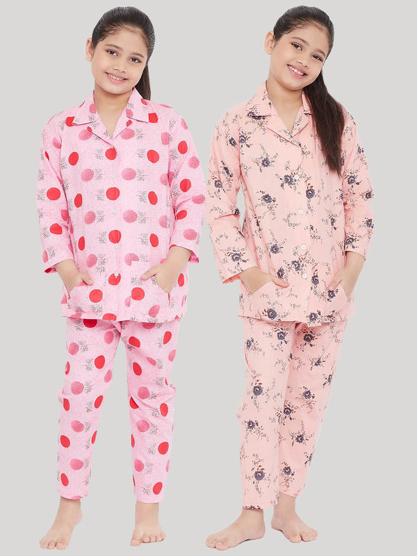 Girl's Pink & Peach Printed Rayon Nightsuit (Pack of 2) - NOZ2TOZ KIDS