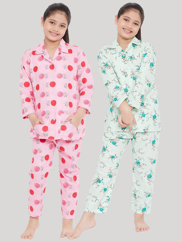 Girl's Pink & Green Printed Rayon Nightsuit (Pack of 2) - NOZ2TOZ KIDS