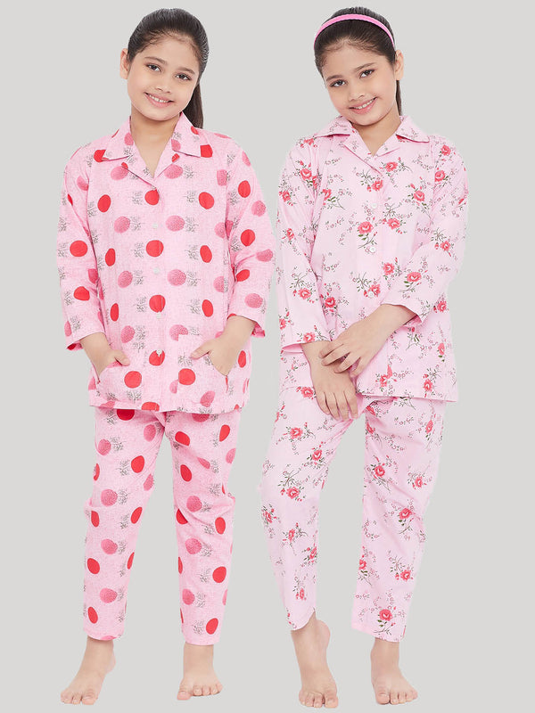 Girl's Pink & Pink Printed Rayon Nightsuit (Pack of 2) - NOZ2TOZ KIDS